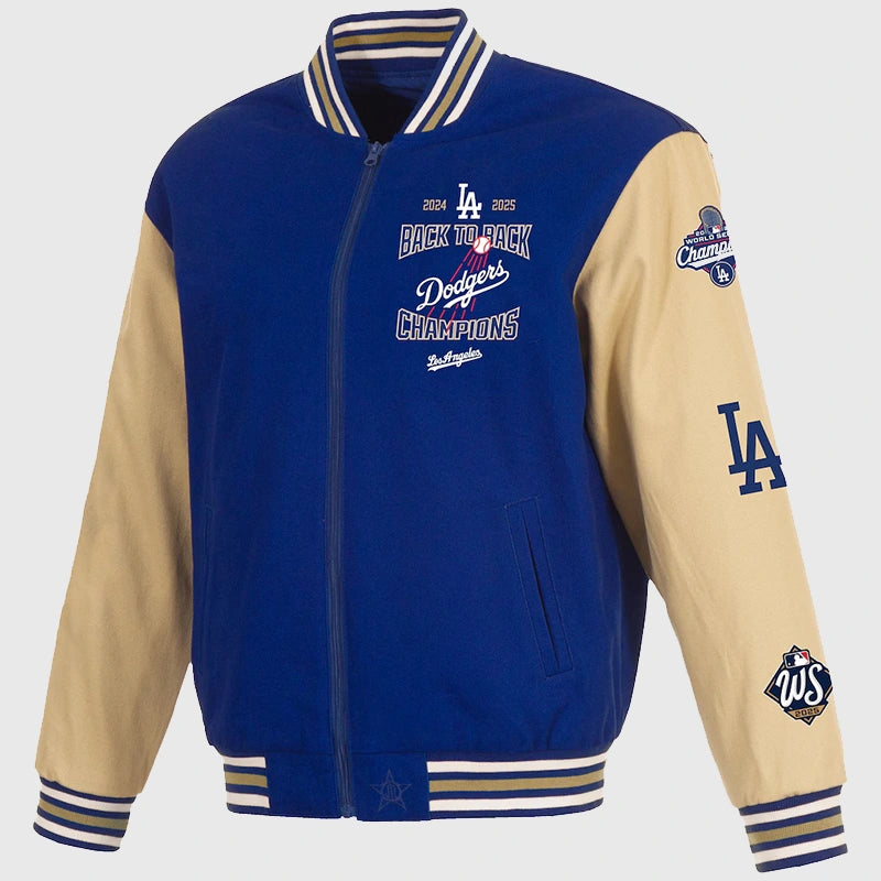 Dodgers Back-To-Back Champions Varsity Jacket by JH Design featuring a royal blue body, tan sleeves, and classic zip-up style.