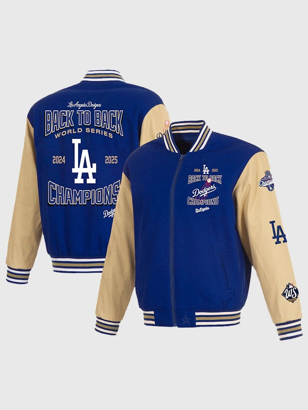 Los Angeles Dodgers JH Design Back-To-Back World Series Champions Varsity Jacket in royal and tan with bold embroidered graphics.