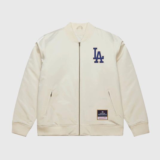 Cream Mitchell & Ness bomber jacket celebrating the Los Angeles Dodgers 2025 World Series title.