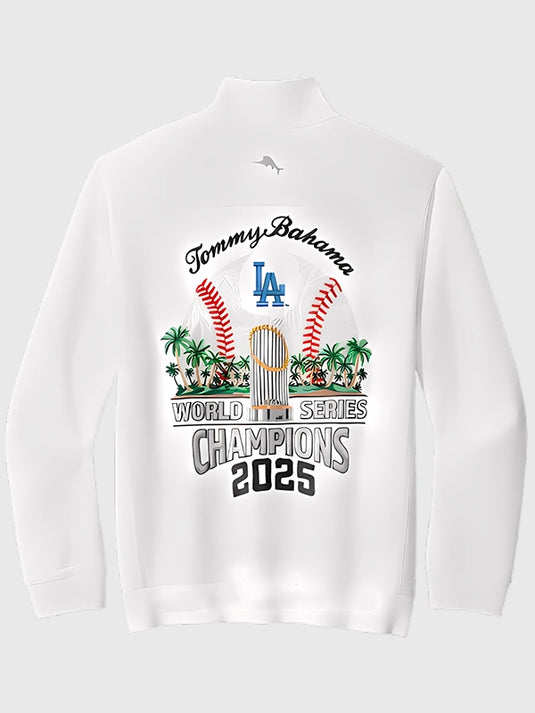 Elegant recreation of the Dodgers Tommy Bahama 2025 Montego Bay Half-Zip Jacket in white.