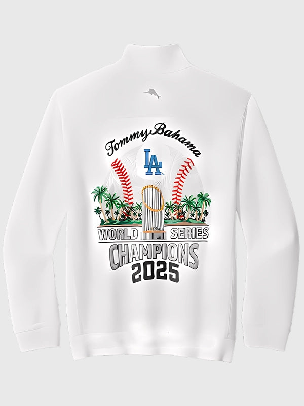 Elegant recreation of the Dodgers Tommy Bahama 2025 Montego Bay Half-Zip Jacket in white.