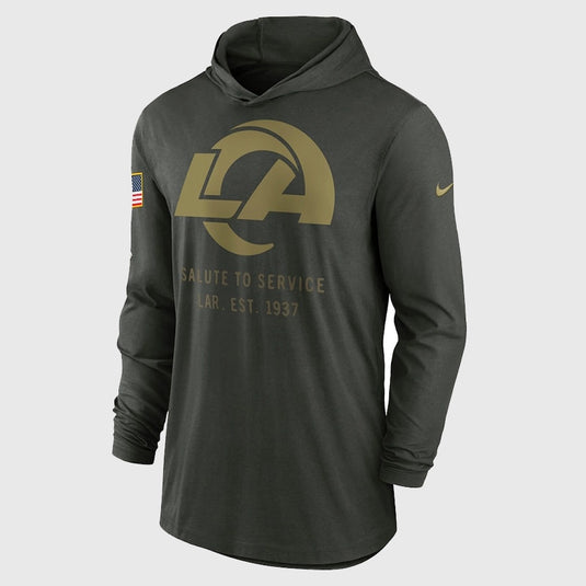 Los Angeles Rams 2025 Nike forest green Salute to Service hooded pullover combining team-inspired style with functional performance.

