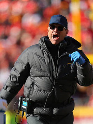 Black Nike puffer jacket inspired by Jim Harbaugh for the Los Angeles Chargers 2025 lineup