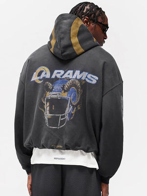 Los Angeles Rams Black Pullover Hoodie with Fanatics x Represent detailing, smooth finish, and elevated athletic streetwear appeal