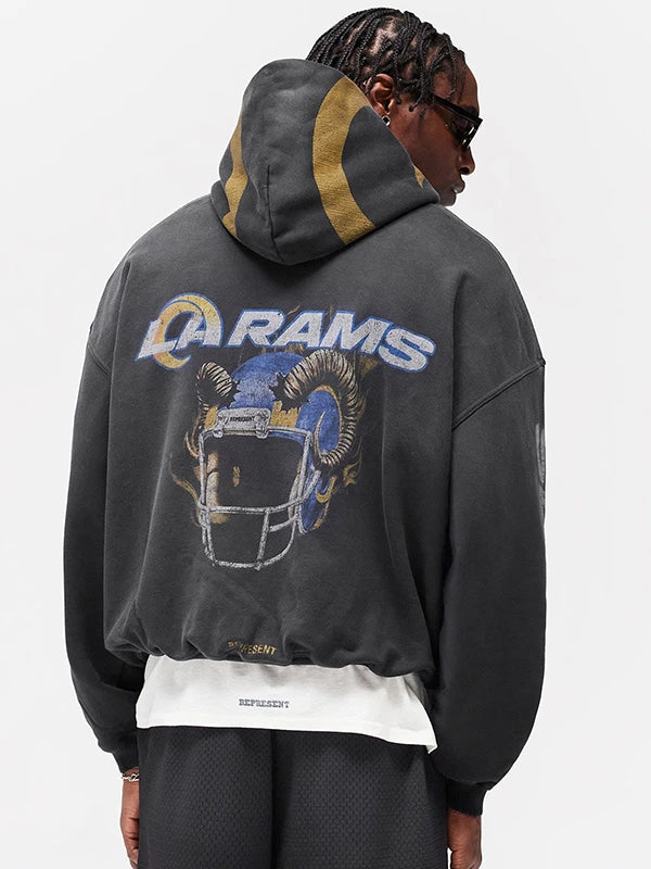 Los Angeles Rams Black Pullover Hoodie with Fanatics x Represent detailing, smooth finish, and elevated athletic streetwear appeal