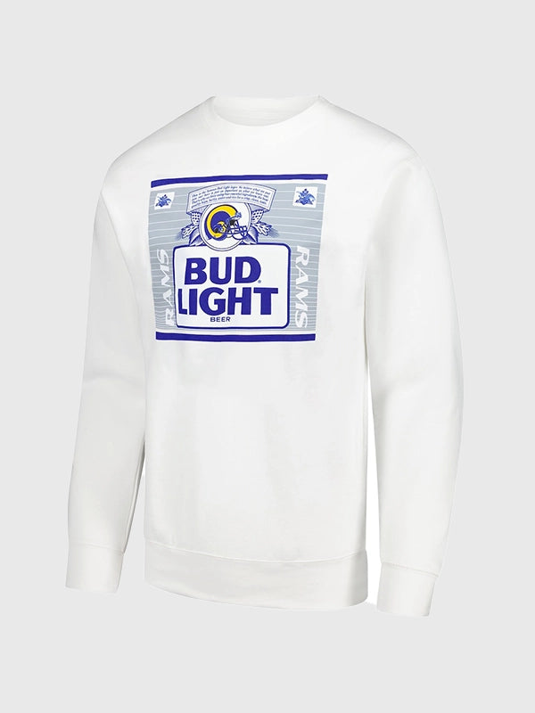 RECREATED Mitchell & Ness x Bud Light LA Rams white fleece sweatshirt featuring The Crest graphic design