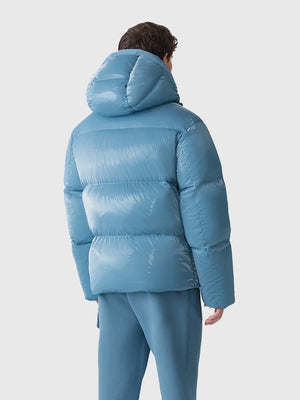 Recreated Andy Cohen New Years Eve 2026 blue Mackage puffer jacket designed for warmth, comfort, and winter layering
