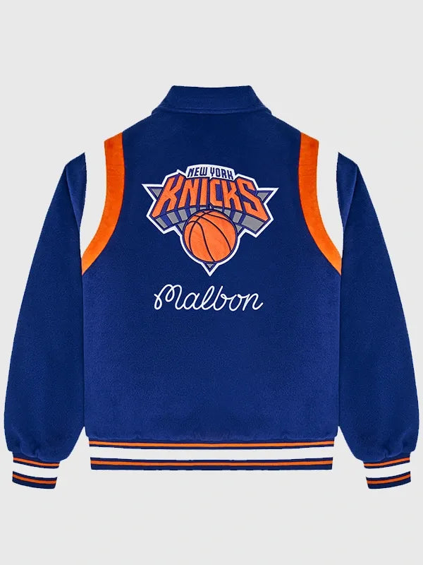 Recreated Malbon x New York Knicks 2026 wool varsity jacket in royal blue with structured fit and standout graphics