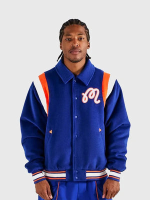 Recreated New York Knicks 2026 wool varsity jacket in royal blue from Malbon collaboration with ribbed trims and bold accents