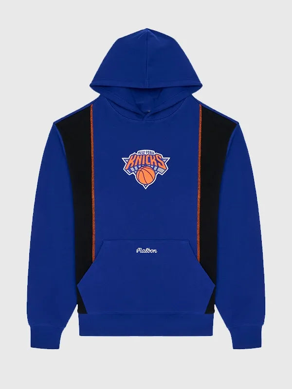 Recreated 2026 Malbon x New York Knicks Borough pullover fleece hoodie in royal blue with bold team-inspired graphics