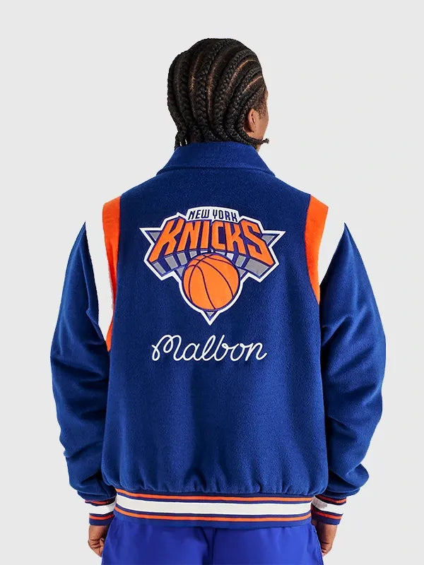 Recreated royal blue wool varsity jacket from The Garden Malbon x New York Knicks 2026 with clean lines and team-inspired look