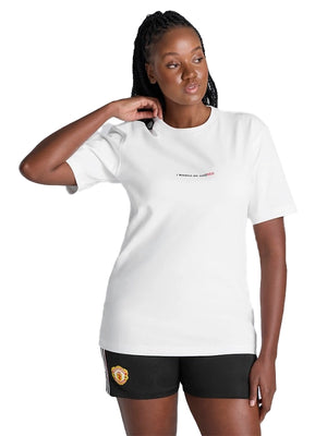 RECREATED Adidas Manchester United x Stone Roses 2026 white unisex t-shirt with collaborative graphic styling