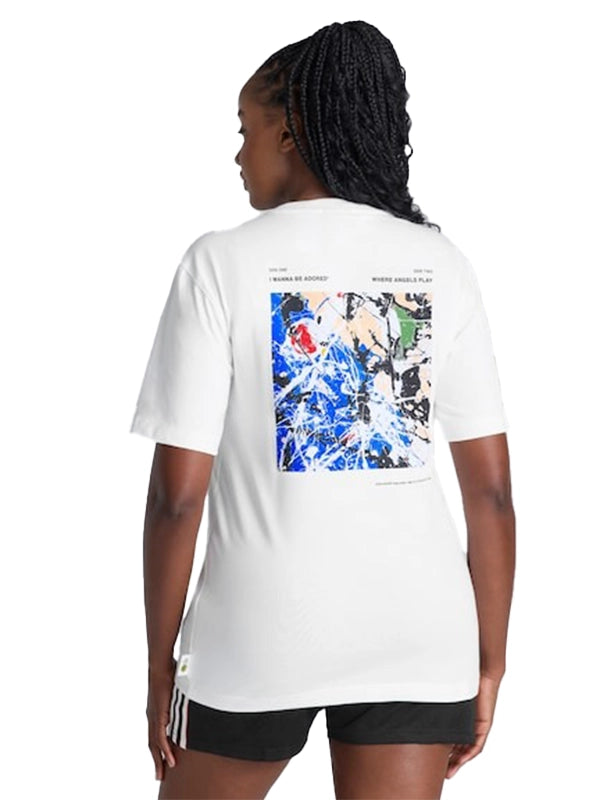 White RECREATED Adidas Manchester United x Stone Roses 2026 unisex t-shirt featuring iconic crossover design