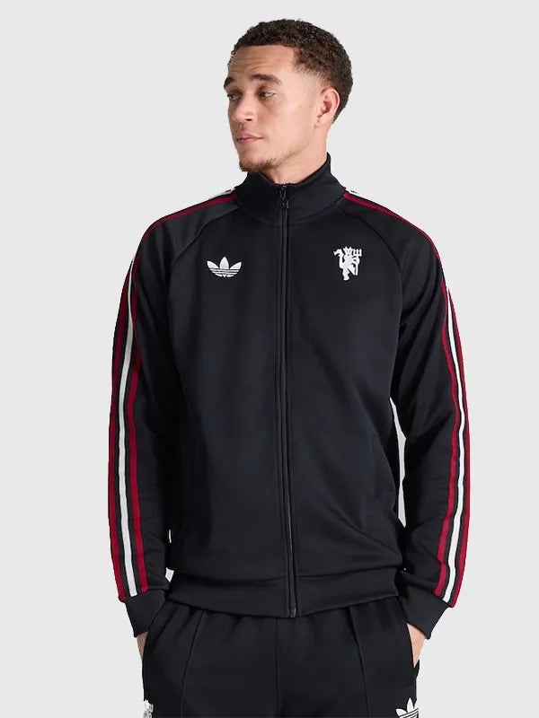 Recreated Manchester United x adidas black zip-up track jacket with smooth fabric finish and streamlined fit