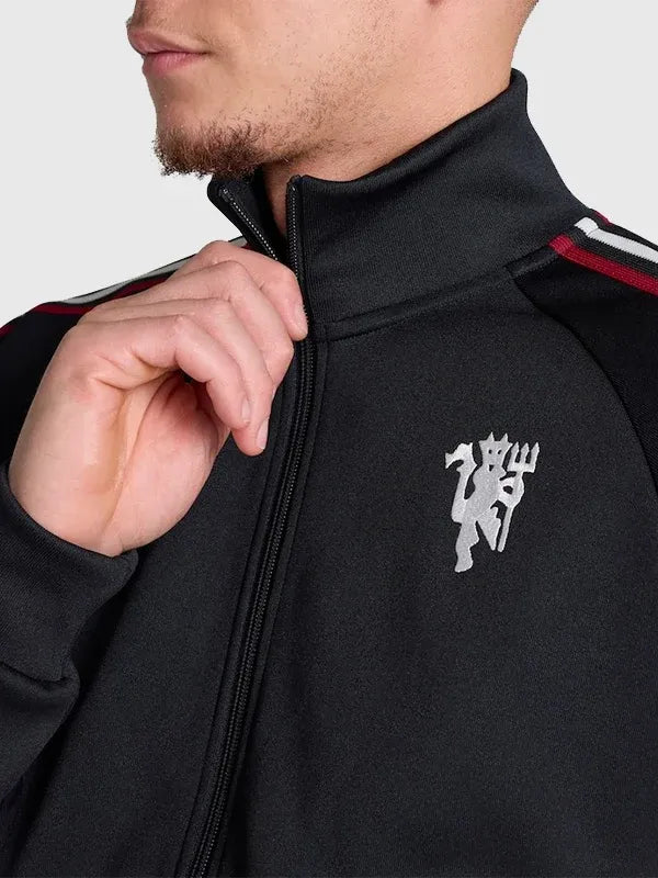 Recreated black Manchester United x adidas track jacket combining classic football-inspired design and contemporary edge