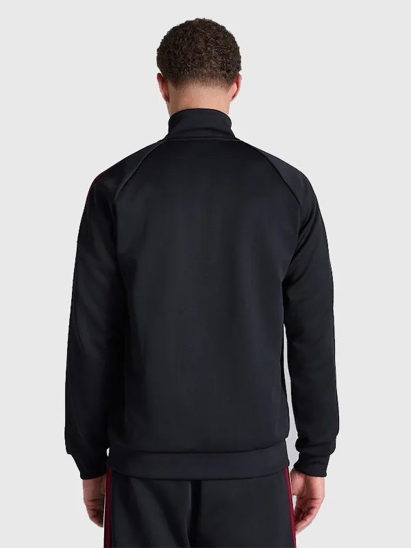 Black Manchester United x adidas track jacket for men and women featuring ribbed collar, cuffs, and modern sportswear styling