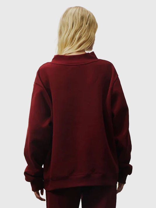 Maroon Parke Holiday Plaid Varsity Mockneck Sweatshirt recreated for 2025 with warm fleece fabric and a structured mockneck finish.