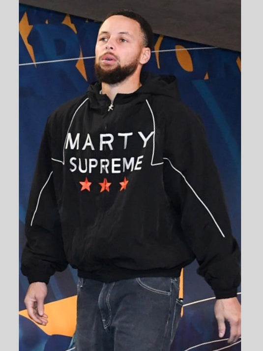 Recreated black full zip hooded jacket inspired by Stephen Curry and the 2025 Marty Supreme design