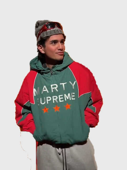 Marty Supreme Mexico–inspired hooded jacket in pink and green featuring a 2025 full zip design