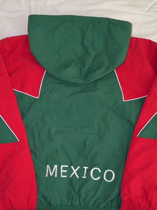 Marty Supreme Mexico–inspired hooded jacket in pink and green featuring a 2025 full zip design