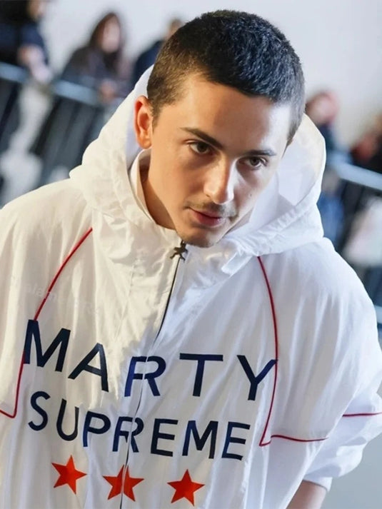 Timothée Chalamet–inspired Marty Supreme England 2025 white hoodie jacket with full zipper and contemporary streetwear look