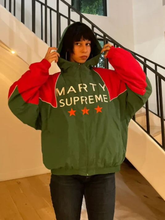Recreated Marty Supreme Mexico jacket hoodie in green and red with bold color-block design