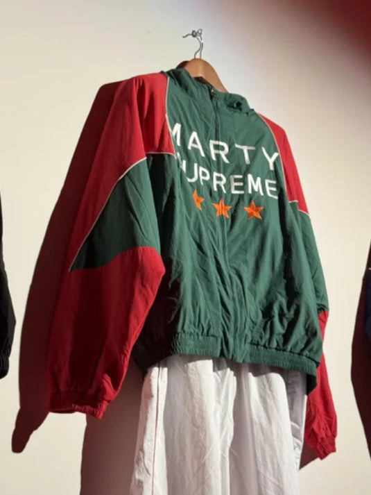 Recreated Mexico-inspired Marty Supreme jacket hoodie with vibrant green and red panels