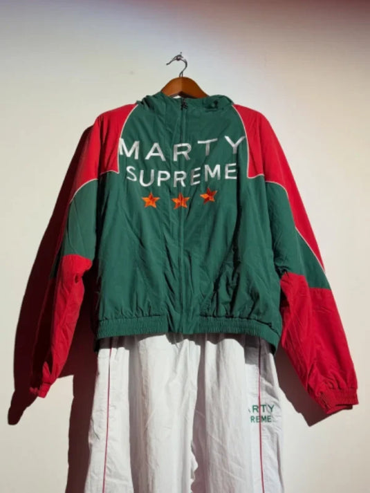 Recreated Marty Supreme Mexico hoodie with two-tone green and red color scheme and jacket fit