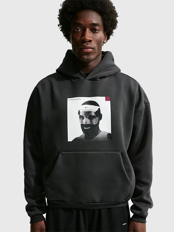 RECREATED Nike LeBron James Masked Menace Graphic Black Fleece Pullover Hoodie featuring soft fleece fabric with bold basketball-inspired graphic detailing