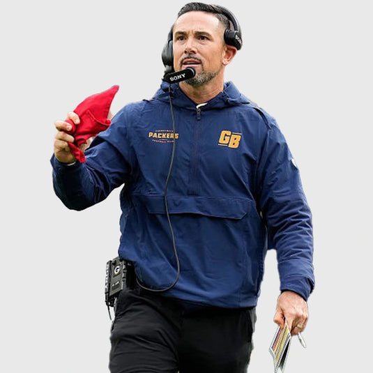 Matt LaFleur Green Bay Packers 23 Classic Nike Navy Sideline Anorak Jacket with half-zip hoodie design.