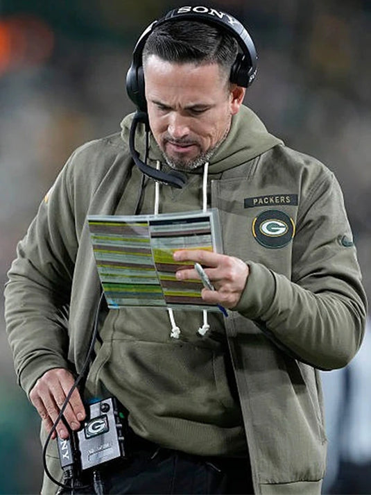 Matt LaFleur Green Bay Packers 2025 olive green cotton bomber jacket from the Salute to Service collection.