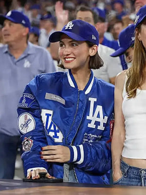 Recreation Maude Apatow 2025 World Series LA Dodgers Jacket in blue featuring premium varsity styling.