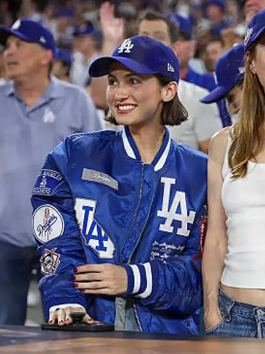 Recreation Maude Apatow 2025 World Series LA Dodgers Jacket in blue featuring premium varsity styling.