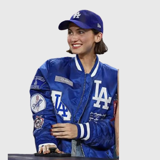 LA Dodgers 2025 Recreation Jacket in blue replicating Maude Apatow’s World Series-inspired outfit.