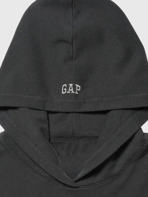 RECREATED black fleece pullover hoodie from Kat by Megan collection, featuring cropped cut and statement lace-up sleeve elements