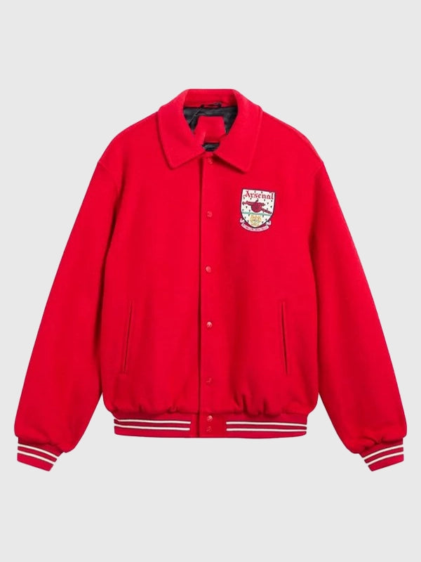 Red wool varsity bomber jacket recreated from the 2026 Arsenal Essentials collection featuring a classic athletic silhouette and soft wool body.