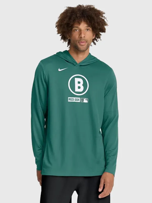 RECREATED Boston Red Sox Nike Green City Connect Dri-FIT Long Sleeve Hooded T-Shirt featuring lightweight performance fabric with a sleek athletic silhouette