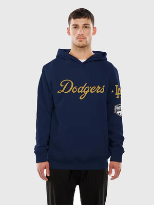 RECREATED Los Angeles Dodgers New Era Navy 2026 Gold Collection Logo Hoodie featuring soft fleece fabric with bold team logo detailing