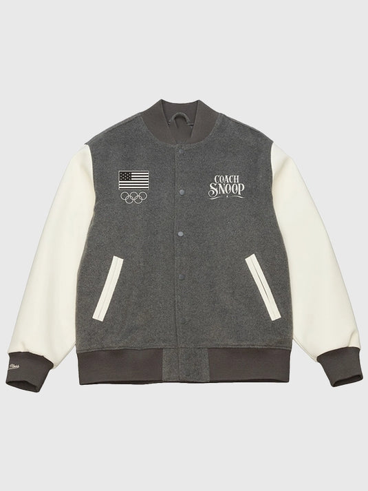 Recreation men’s Mitchell & Ness Team USA Coach Snoop full-snap varsity jacket in heather gray with cream sleeves