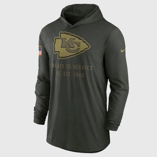 2025 Kansas City Chiefs Salute to Service Nike Hooded Pullover T-Shirt crafted in breathable Dri-FIT material.