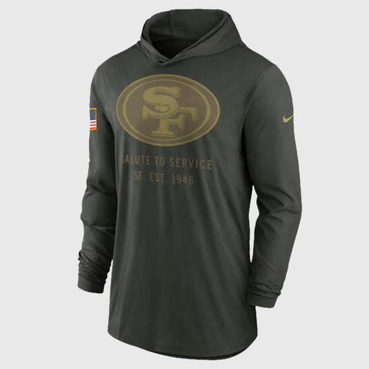 Nike San Francisco 49ers 2025 Salute to Service forest green Dri-FIT T-Shirt with lightweight hooded design.