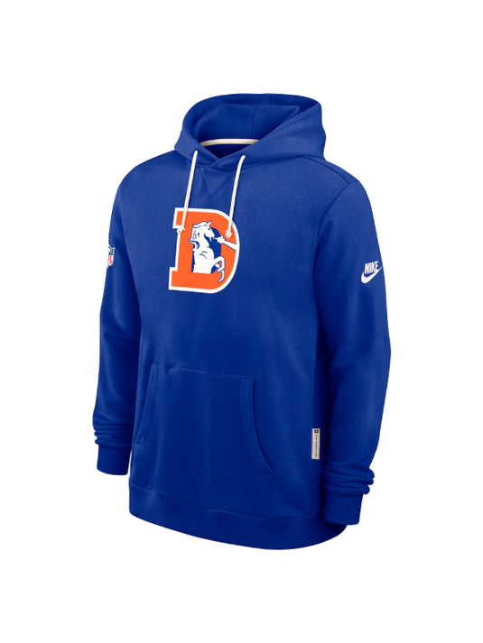 Denver Broncos Alt 2 Sideline Hoodie in royal blue crafted by Nike with signature sideline fit.