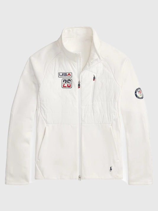 White full-zip hybrid jacket by Polo Ralph Lauren featuring Team USA Milano Cortina 2026 Winter Olympics inspired performance styling