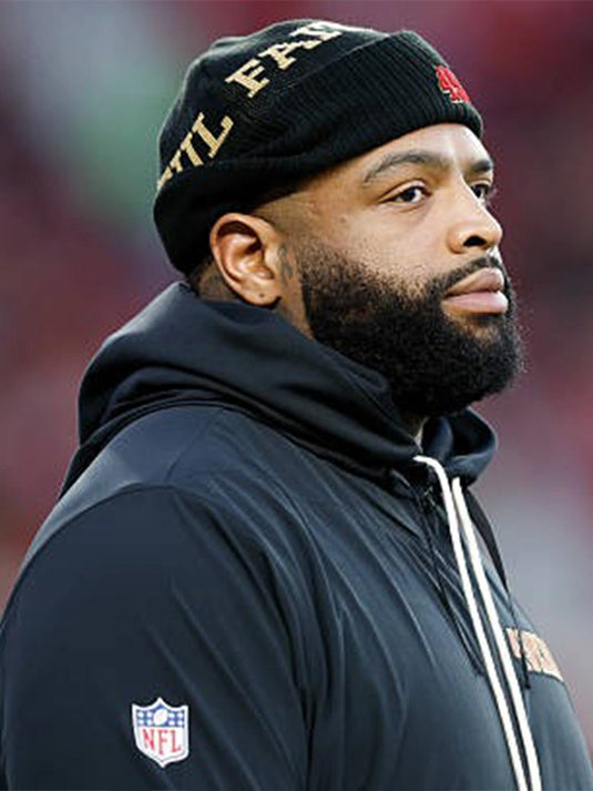 Black pullover hoodie inspired by the San Francisco 49ers 2025 Rivalries sideline design for everyday wear