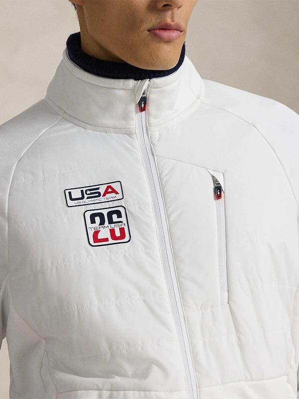 Polo Ralph Lauren white full-zip hybrid jacket designed around the Milano Cortina 2026 Winter Olympics Team USA theme with a clean athletic finish