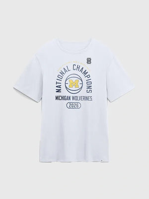 Recreated white Michigan Wolverines 2026 NCAA Men’s Basketball National Champions Fast Break t-shirt with bold graphic print and clean design