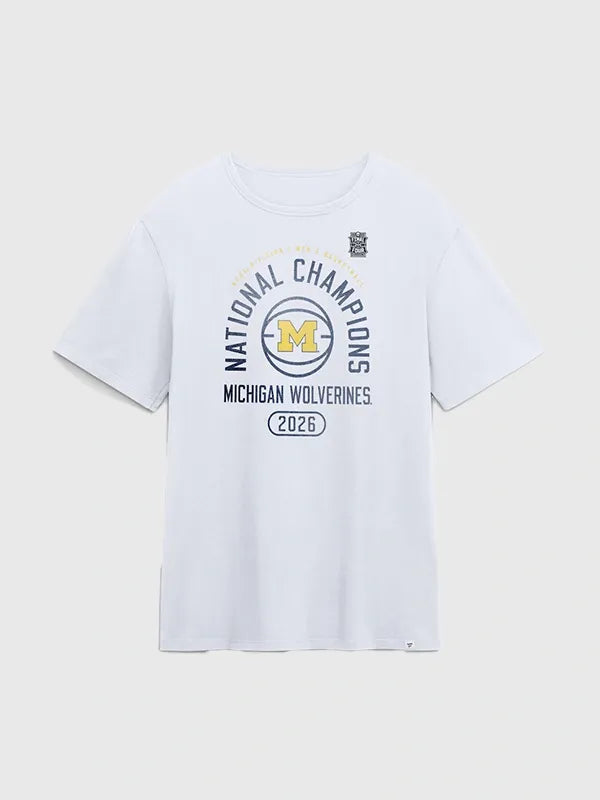 Recreated white Michigan Wolverines 2026 NCAA Men’s Basketball National Champions Fast Break t-shirt with bold graphic print and clean design