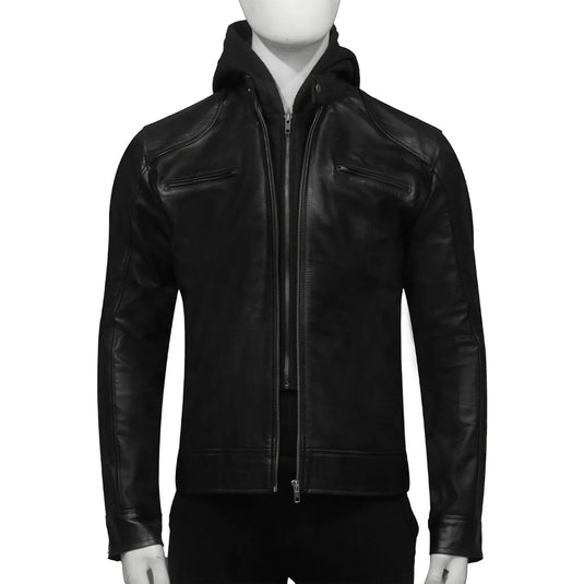 Henry Black Leather Hooded Jacket