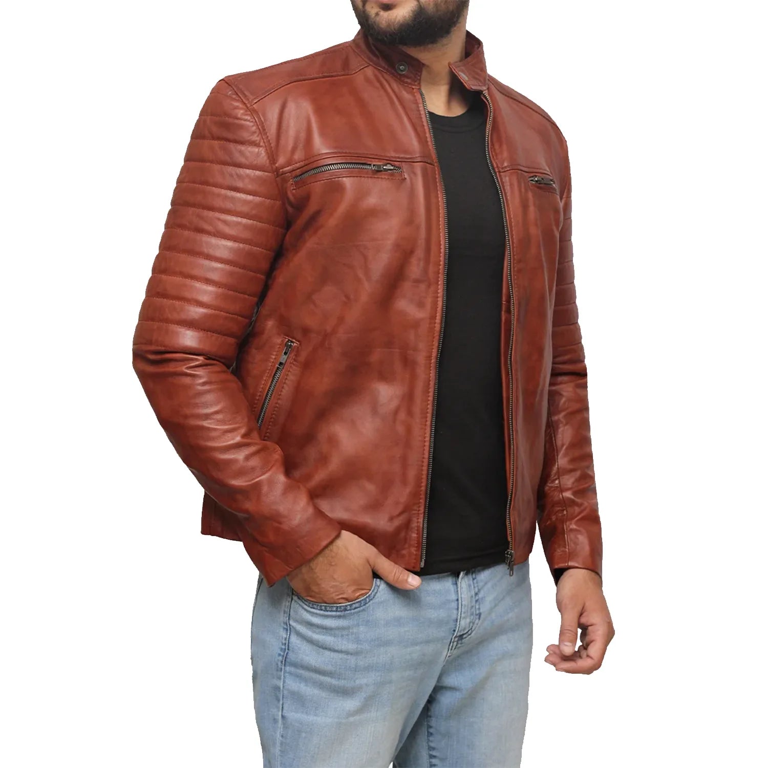 Ethan Waxed Brown Sheepskin Leather Jacket for Mens