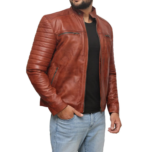 Ethan Waxed Brown Sheepskin Leather Jacket for Mens